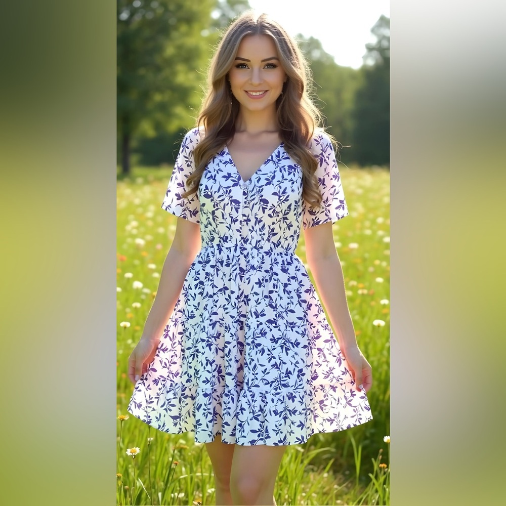 Floral V-Neck Dress - Purple and White 1XL NWT